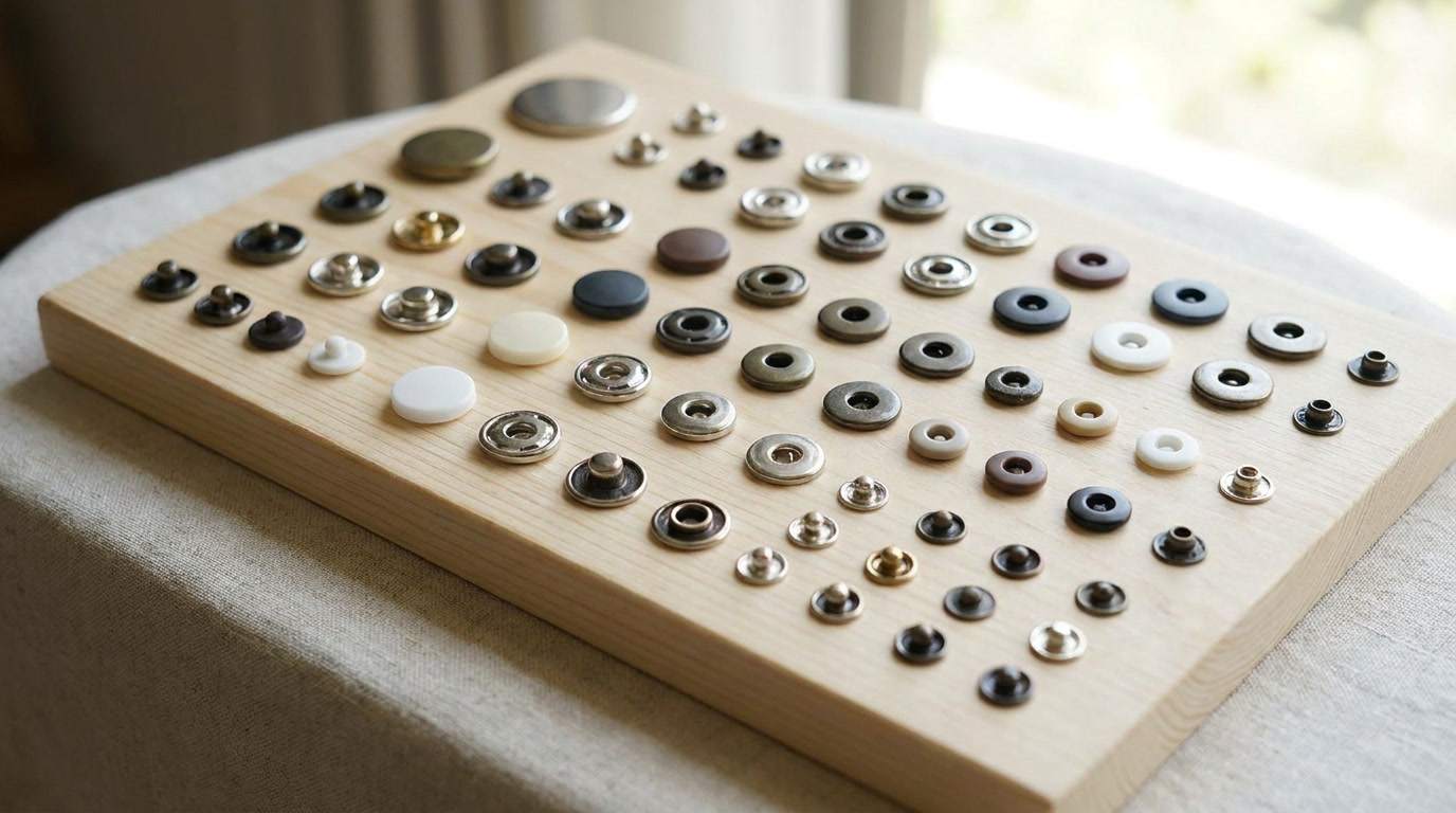 snap button suppliers, metal snap components in multiple sizes and finishes produced by Snap button suppliers from BC material , as shown arranged on the wooden display board.  